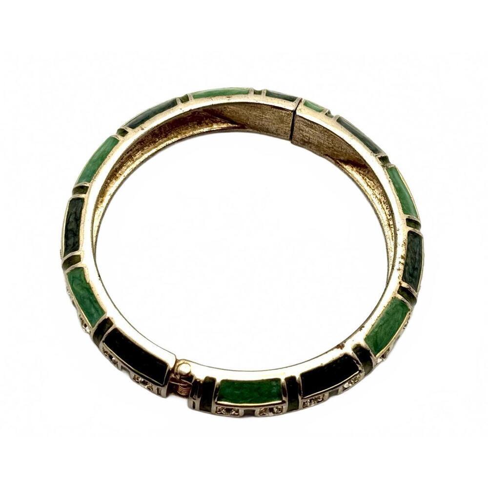Green Enamel Hinged Bangle Bracelet w/ Rhinestones – Gold Tone – Vintage Style - Picture 5 of 8